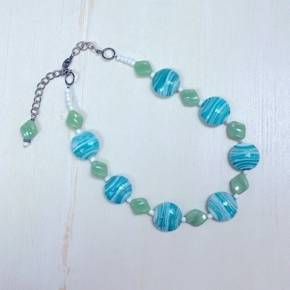 ICervoni Creations Striped Turquoise & Green Glass Beaded Necklace, 19.5” Long